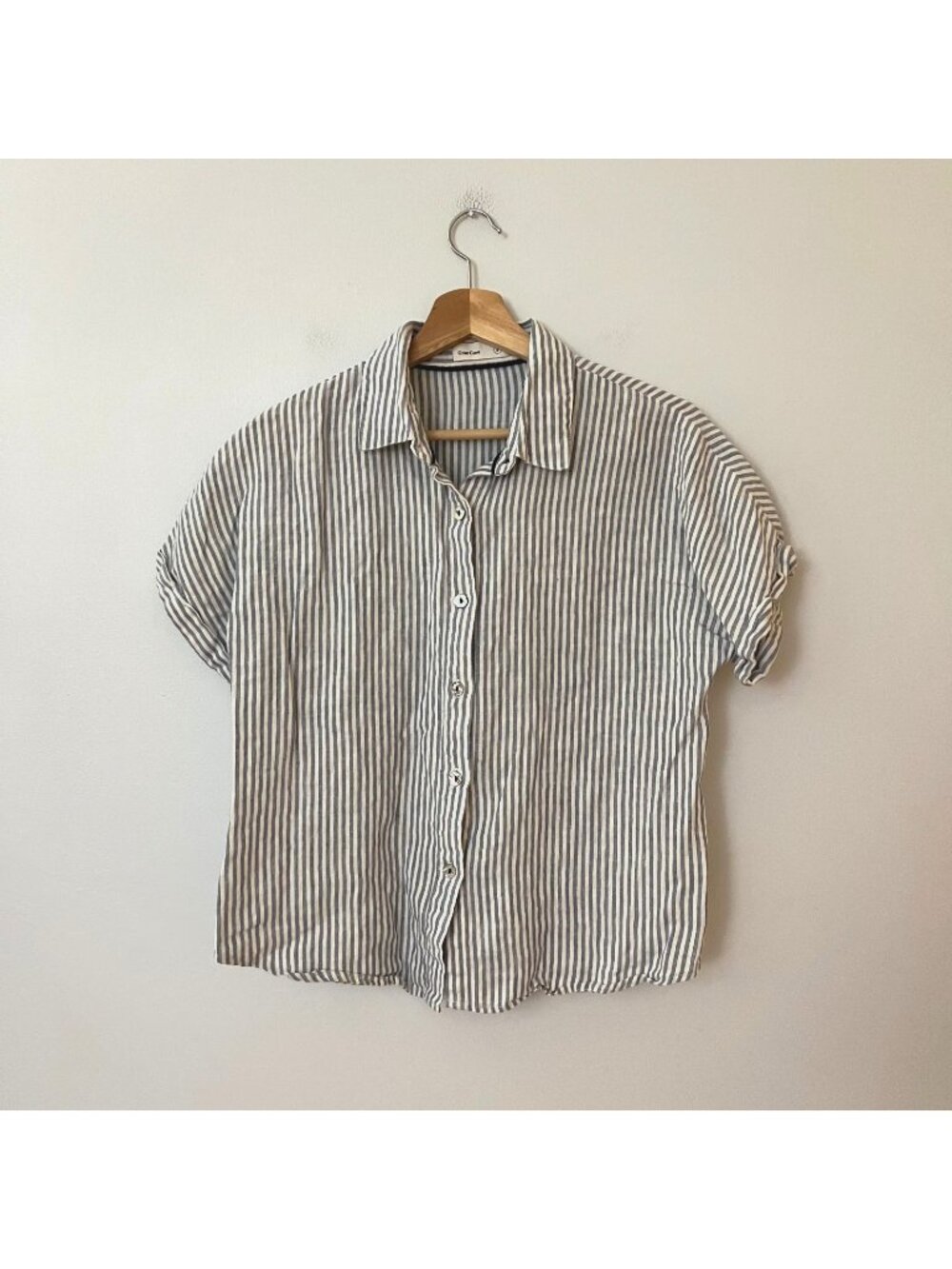 Grae Cove Blue White Striped Linen Button Up Short Sleeve Top Women's Size Small